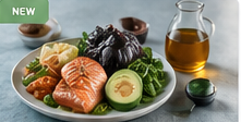 Plate of salmon, avocado, olives, and greens.