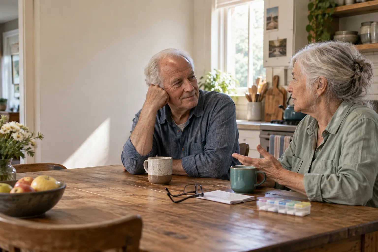 Two older friends listening to each other at a kitchen table.