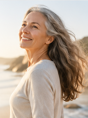 Woman smiling on a beach at sunset.
