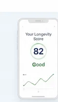 Preview of an AgeBetterToday longevity score on a phone.